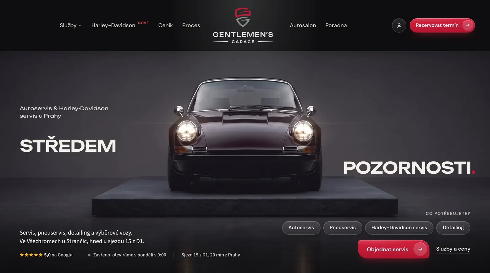 Úvodní stránka webu Gentlemen’s Garage: autoservis a Harley-Davidson servis u Prahy
